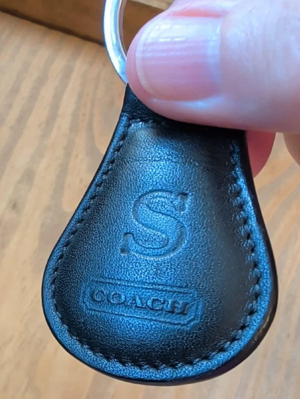 Coach Black Leather Key Ring with Embossed 'S'